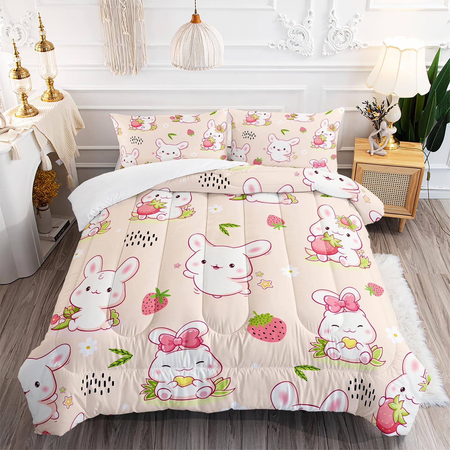 XYNHML Kawaii White Rabbit Comforter 3Pcs Full Cartoon Pet Strawberry Bunny Floral Bedding Set for Kid Teen Boy Girl Adult Wildlife Animal Botanical Quilt Bed Decor with 1 Comforter and 2 Pillowcases