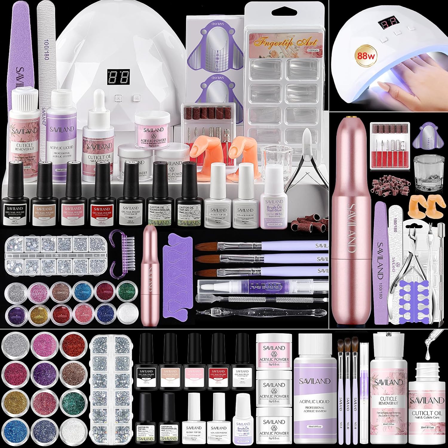SAVILAND Acrylic Nail Kit: All-In-1 Nails Kit Acrylic Set with 88W Nail Lamp EMA Monomer Gel Nail Polish Nail Drill Cuticle Remover Home DIY Starter