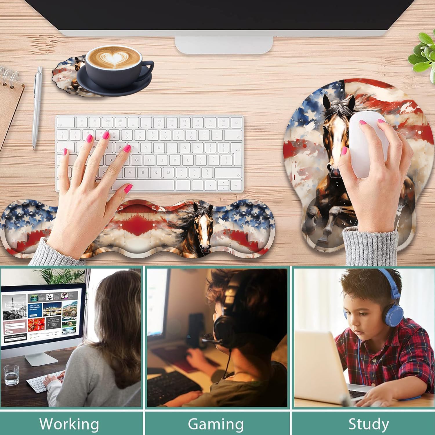 Ergonomic Keyboard Wrist Support Pad and Wrist Support Mouse Pad, Anti-Slip with Gel Memory Mouse Pad Set, Suitable for Office Use/Home Use - American Flag and Horse