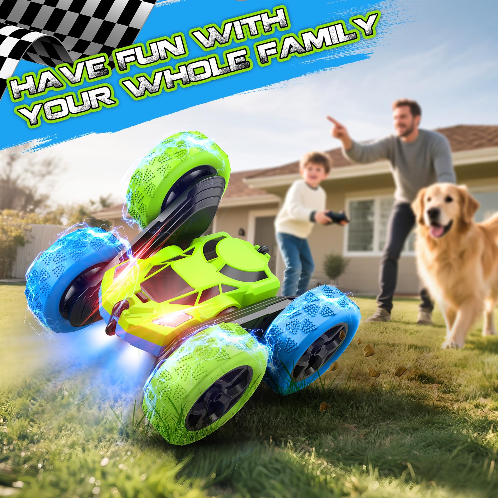 cosone Macchina Telecomandata, Auto RC con Fari 2.4GHZ Auto Giocattolo Telecomandate, 4WD Off Road Stunt Car Doppia Rotazione a 360°, Regali di Compleanno per Ragazzi dai 6 Anni in Su (Blu-Verde)