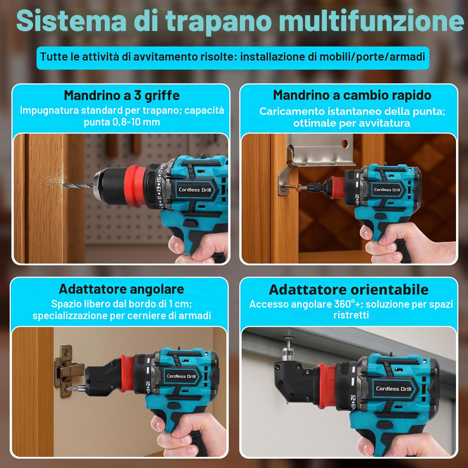 Set di trapano avvitatore a batteria compatibile con Makita 18 V, con 4 mandrini intercambiabili. Elettro utensile compatto e versatile per spazi limitati, ideale per hobbisti e professionisti
