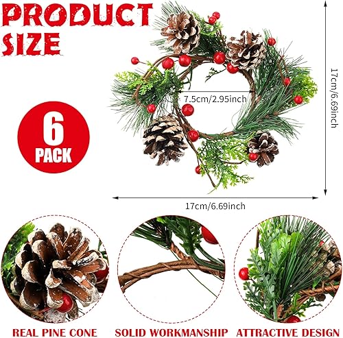 Miniatura 2 de 12 Piezas Portavelas de Corona de Navidad Incluyen 6 Pzas Anillo de Vela Votiva con Bayas con Piñas y 6 Pzas Portavelas de Metal para Decoración de