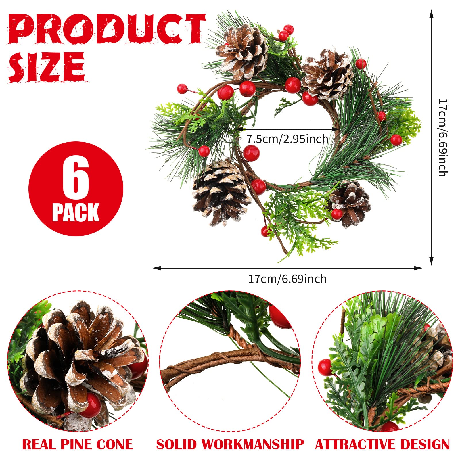 12 Pieces Christmas Wreath Candle Holder Include 6 Pcs Votive Candle Berry Ring with Pinecones and 6 Pcs Metal Candle Holders for Christmas Party Decoration