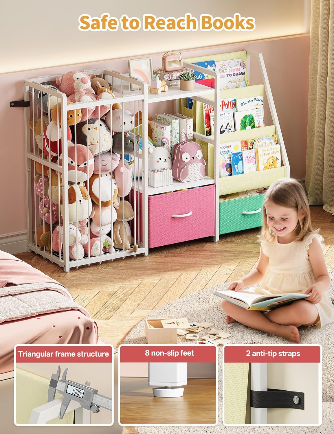 Kids Bookshelf and Toy Storage, Large 3 Tier Book Shelf for Kids Rooms, Sling Baby Bookcase with Stuffed Animal Storage, Toddler Montessori Bookshelf for Nursery, Playroom (Pink+Green) - Image 4