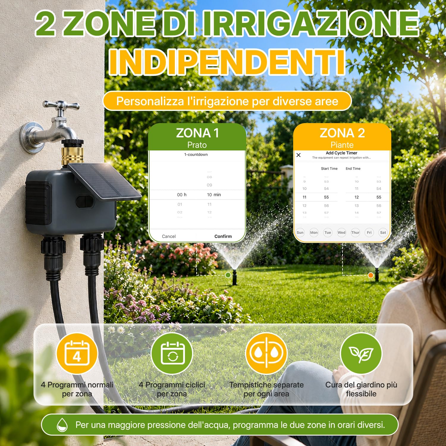 Mcbazel Timer Irrigazione Solare WiFi a 2 Zone, Centralina Smart con Ricarica Solare e USB-C, Programmatore Irrigazione con Ritardo Pioggia, Automatica/Manuale, IP55 Impermeabile