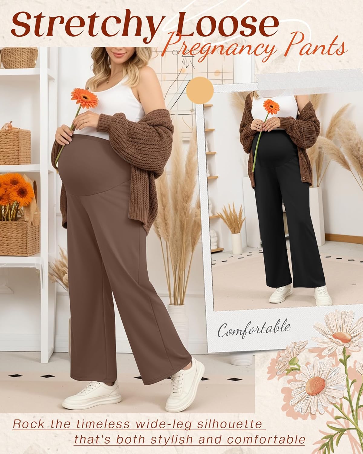Sweetyweee 3 Pack Women's Maternity Wide Leg Pants Over The Belly Pregnancy Lounge Pants Stretchy Loose Pajama Trousers - Image 3