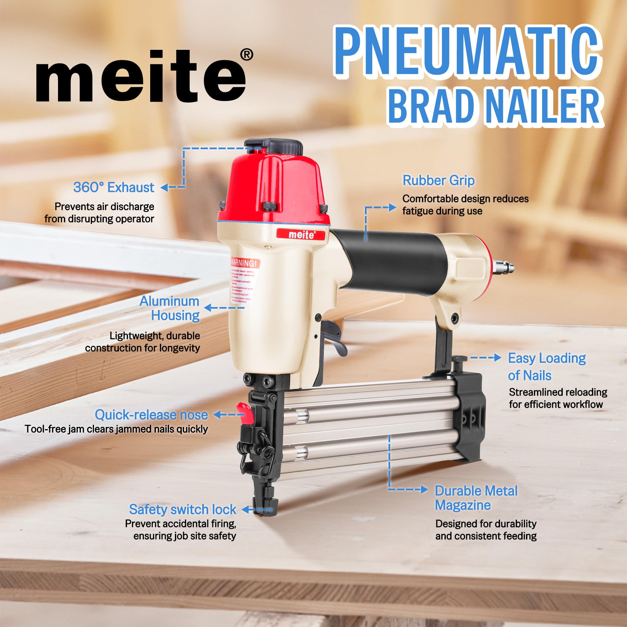 meite F50C Cloueuse Pneumatique 18GA avec Nez de Sécurité– Pour Clous Brad Type 18G de 15 à 50 mm – Cloueuse de Finition Pneumatique pour Menuiserie et Travaux de Précision