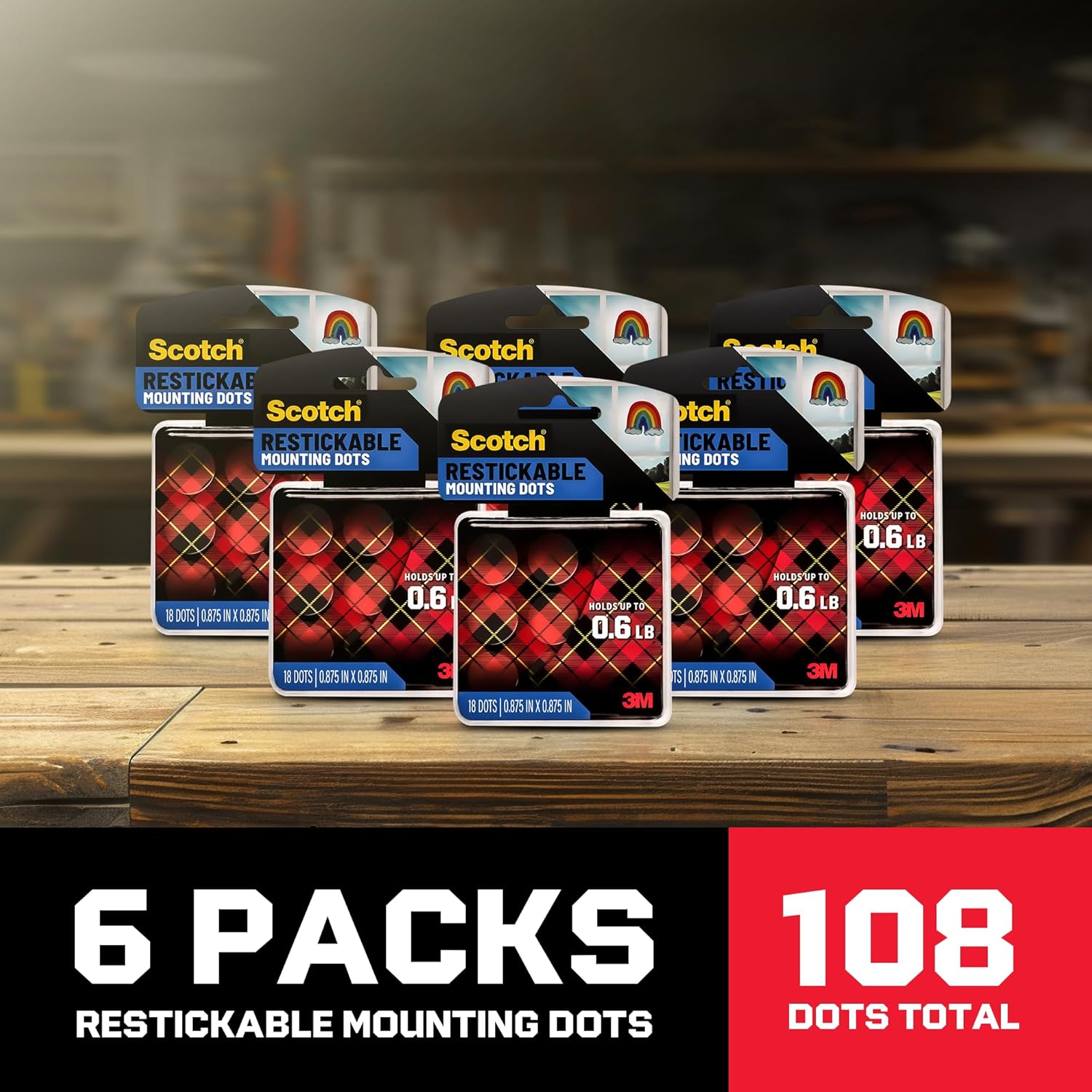 Scotch Restickable Mounting Dots, Clear, Removable and Reusable Double-Sided Adhesive, 7/8-Inch Circles, 18 Count per Pack (R105), 6-Pack (108 Total)