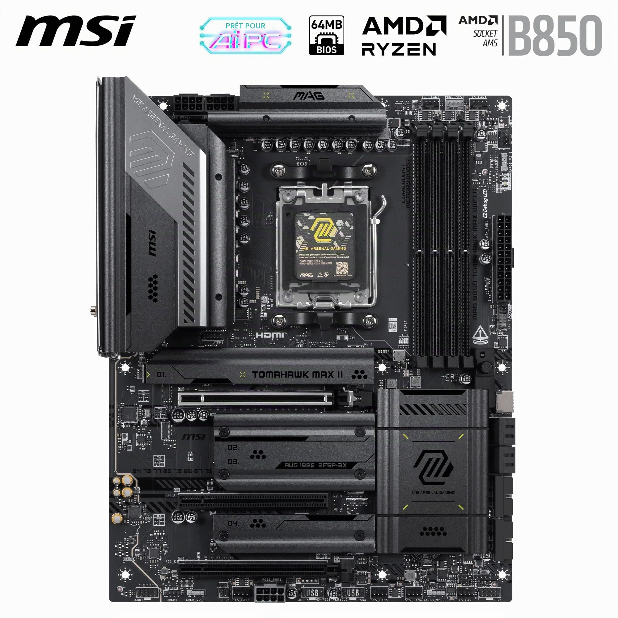 MSI MAG B850 Tomahawk Max WiFi II Carte mère,ATX - pour processeurs AMD Ryzen 9000/8000 / 7000, AM5 - VRM 80A SPS, DDR5 Memory Boost (OC jusqu'à 8400+MT/s, PCIe 5.0 x16, M.2 Gen5, Wi-FI 7, 5G LAN