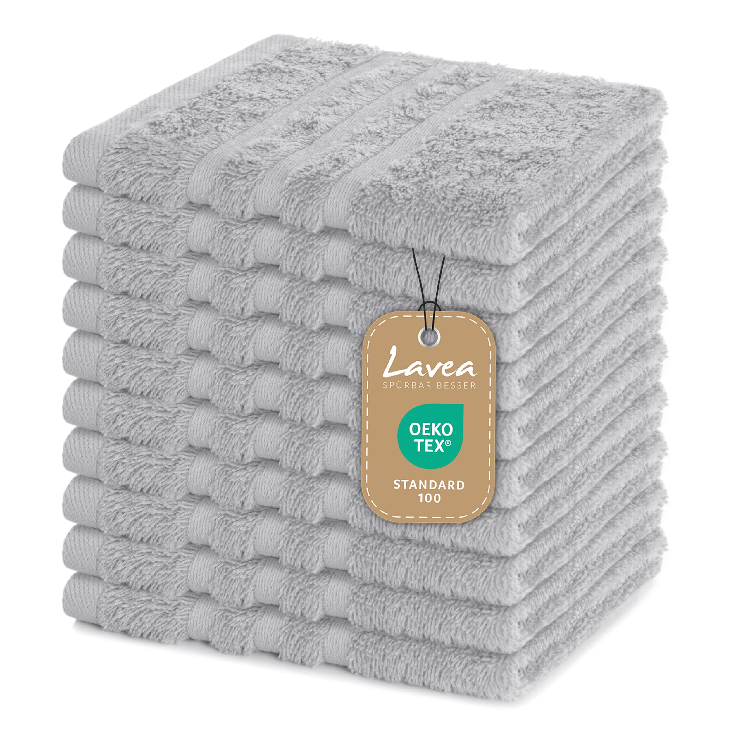 Lavea Set of 10 Flannels 30 x 30 cm, 100% Cotton Terry Cloth 500 g/m², Guest Towels and Small Wash Cloths, Easy Care 60 °C