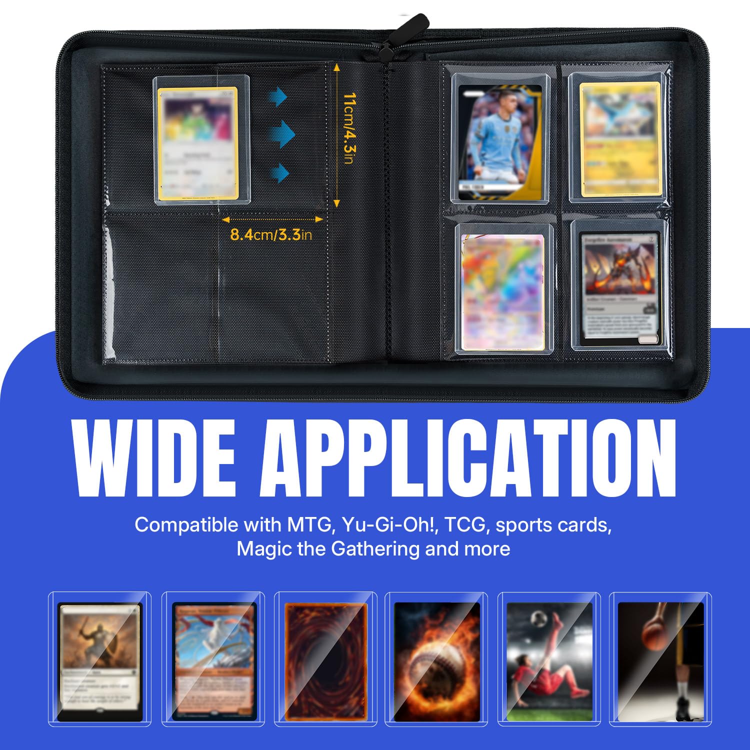 Tolesum Raccoglitore Toploader,Album di carte toploader 4 Tasche con 112 Scomparti per Carte da Collezionabili con 10 Toploader, Libro Porta Carte per Carte Toploader 3"x4", Magic, YuGi Oh, MTG-Blu