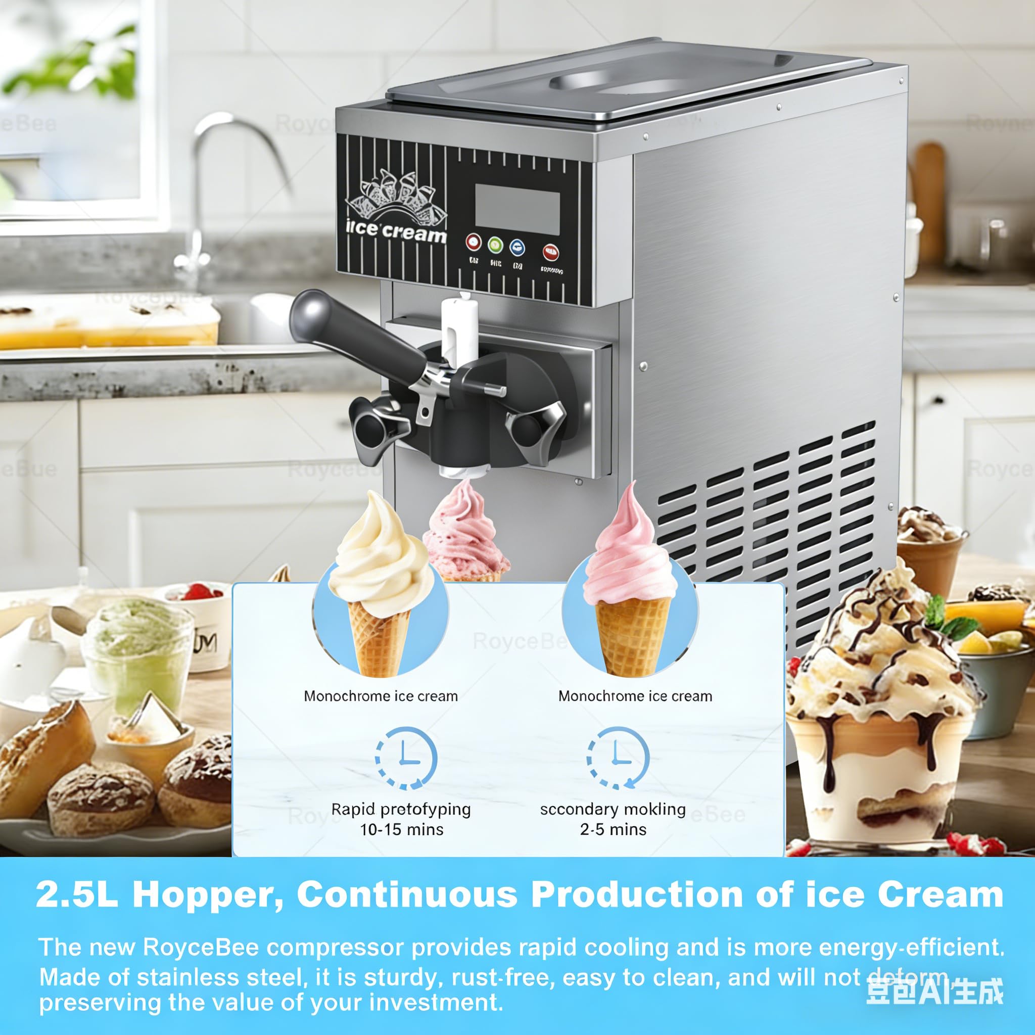 Heladera Mono Sabor de Sobremesa, Máquina Soft Serve 4-5 kg/h, Táctil LCD y Auto-Limpieza, para Bar, Cafetería, Restaurante, Tienda de Postres, Hogar, Chiringuito Metallic
