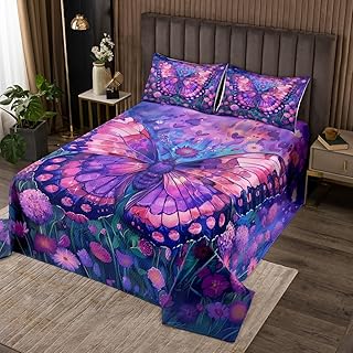 Homemissing Colcha de mariposas tamaño king con estampado de mariposas para niños, niñas y adolescentes, hermoso juego de colcha acolchada con estampado de mariposas, color lila