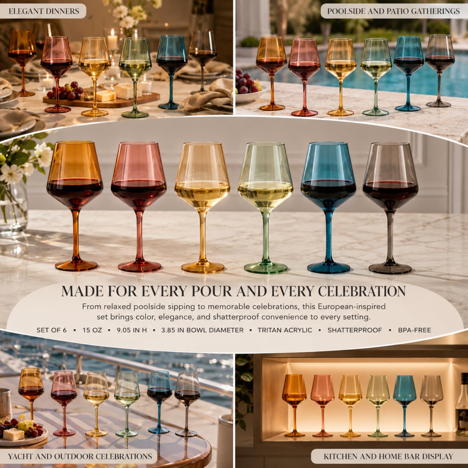 Lot de 6 verres à vin à pied en cristal de style européen en plastique Tritan incassables, sans BPA, réutilisables, pour extérieur, piscine et intérieur, lavage à la main, 425 g
