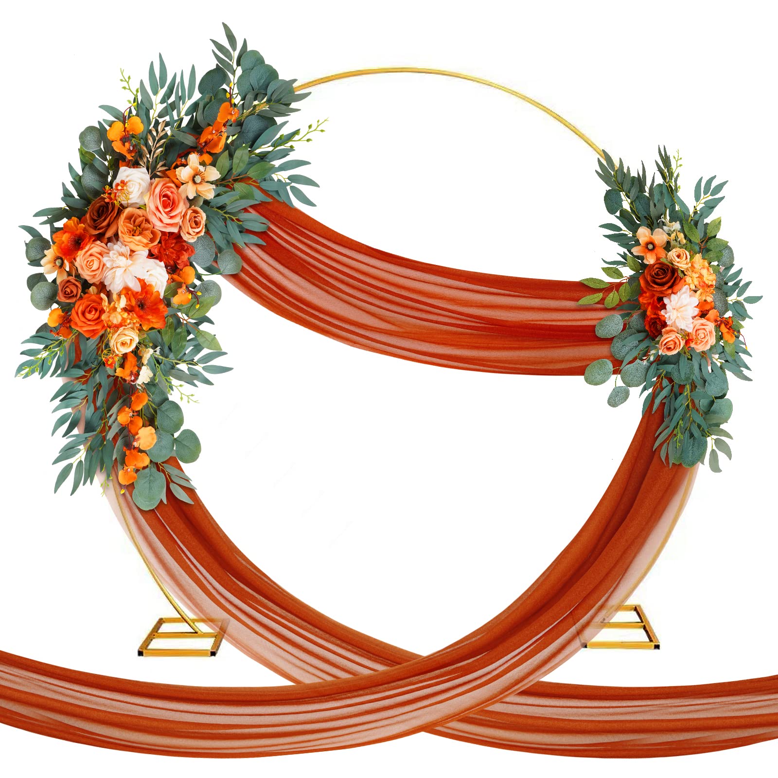 VK Alldo Burnt Orange Artificial Wedding Arch Flowers Kit (Pack of 3) with 27Ft Shiny Wedding Arch Drapes Fabric for Wedding Ceremony Arrangements Party and Floral Decoration, Rustic Terracotta