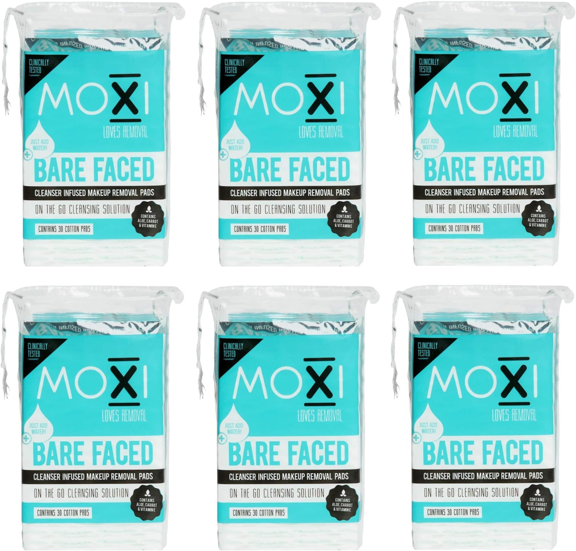 Moxi Loves BAREFACED Cleanser, Infused Makeup Removal Pads 6 pack
