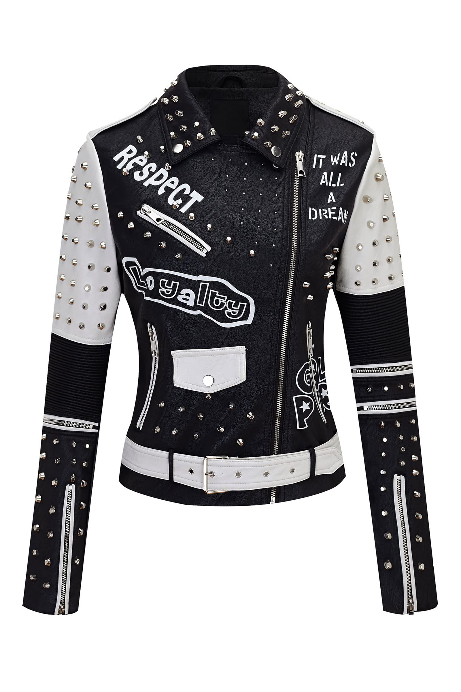 Giolshon Femmes Similicuir Veste Clous Rivets Floral Moto Court Revers Blousons