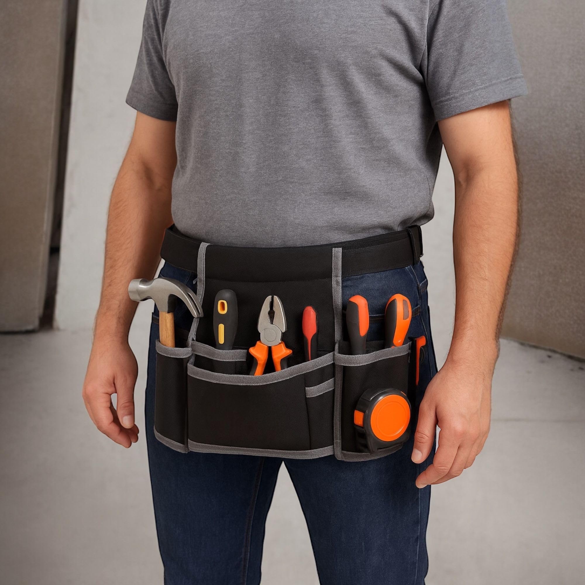 Topolenashop Marsupio Porta Attrezzi da Lavoro con 8 Tasche | Cintura Regolabile per Elettricisti, Muratori, Falegnami | Borsa Attrezzi Impermeabile 25x24 cm | Tessuto Rinforzato e Riflettente 90514