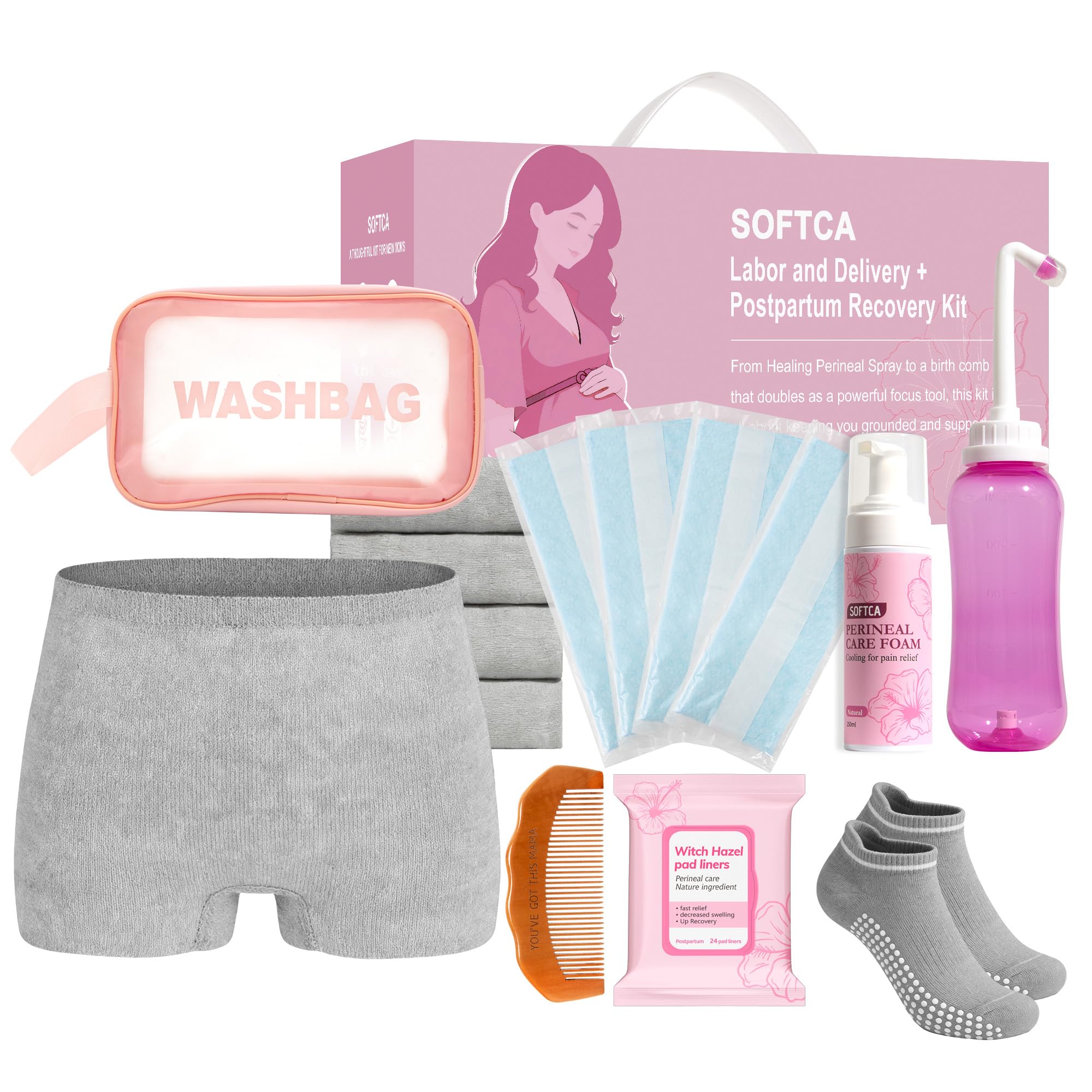 Postpartum Recovery Essentials Kit - Birth Comb,Peri Bottle,Disposable Postpartum Underwear,Perineal Healing Foam,Instant Ice Pads,Cooling Pad Liners,Socks,Wash Bag,Postpartum Kit Gift Set