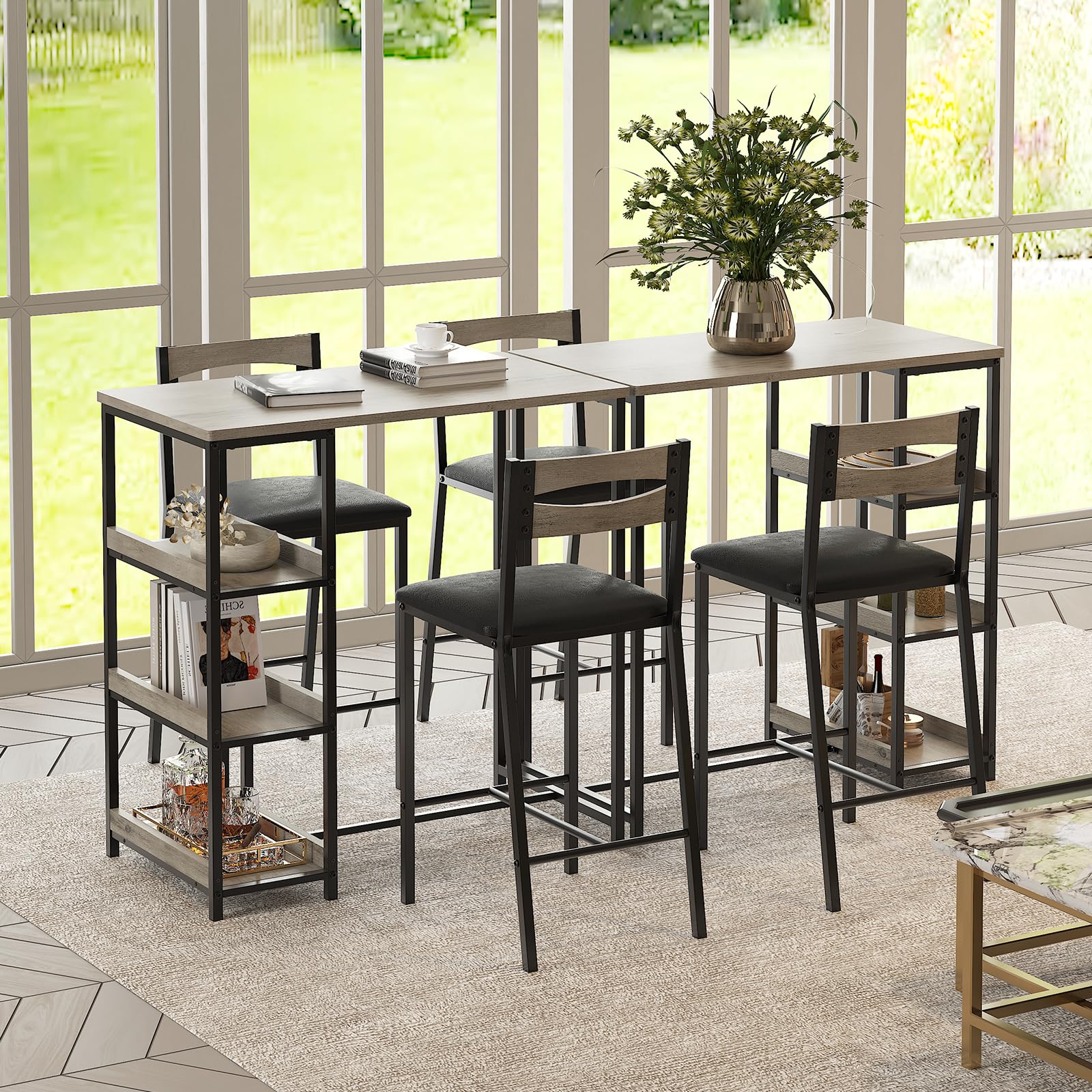 Garvee Bar Tisch Und Stühle Set, Rechteckiger Pub Tisch Mit 2 Hockern Für Kleinen Platz, High Top Tisch, 3-Teilige Frühstück Hocker Set, Robuster Metallrahmen, Einfach Zu Montieren,Grau