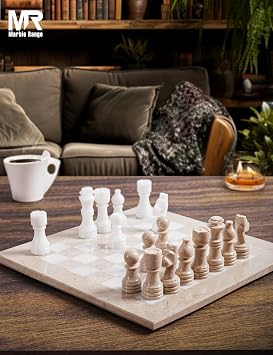 Marble Chess Set 12 Inches Verona & White Handmade Chess Sets for Adults - Marble Board Game for Family with Storage Box & 2 Extra Queen, Ideal Travel Chess Set & Home Décor