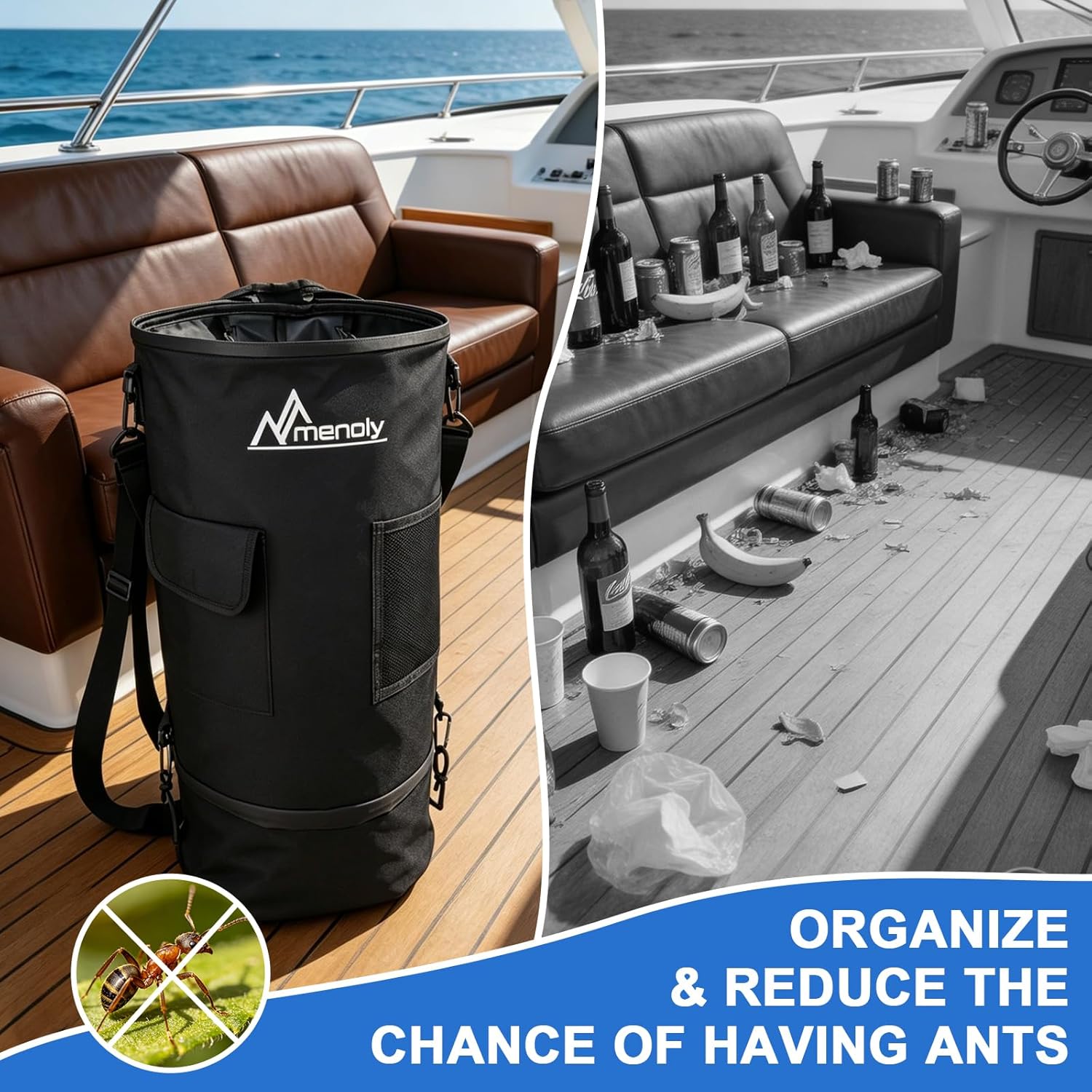 MENOLY Boat Trash Can, 100% Odor & Leak Prooft, 900D Oxford Cloth Waterproof Portable Trash Can，Reusable Trash Bag, Garbage Bag Snaps Inside, Pontoon Boat Accessories Storage Fishing, Sandbar, Camping