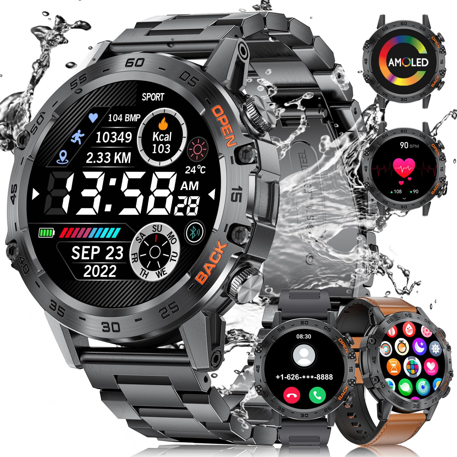 LIGE Smartwatch Uomo con 3 Cinturini, 1,39" Orologio Smartwatch Militare con Chiamate, 123 Modalità Sportive, 400mAh IP68 Impermeabile Smartwatch con SpO2/Cardiofrequenzimetro per Android iOS, Grigio