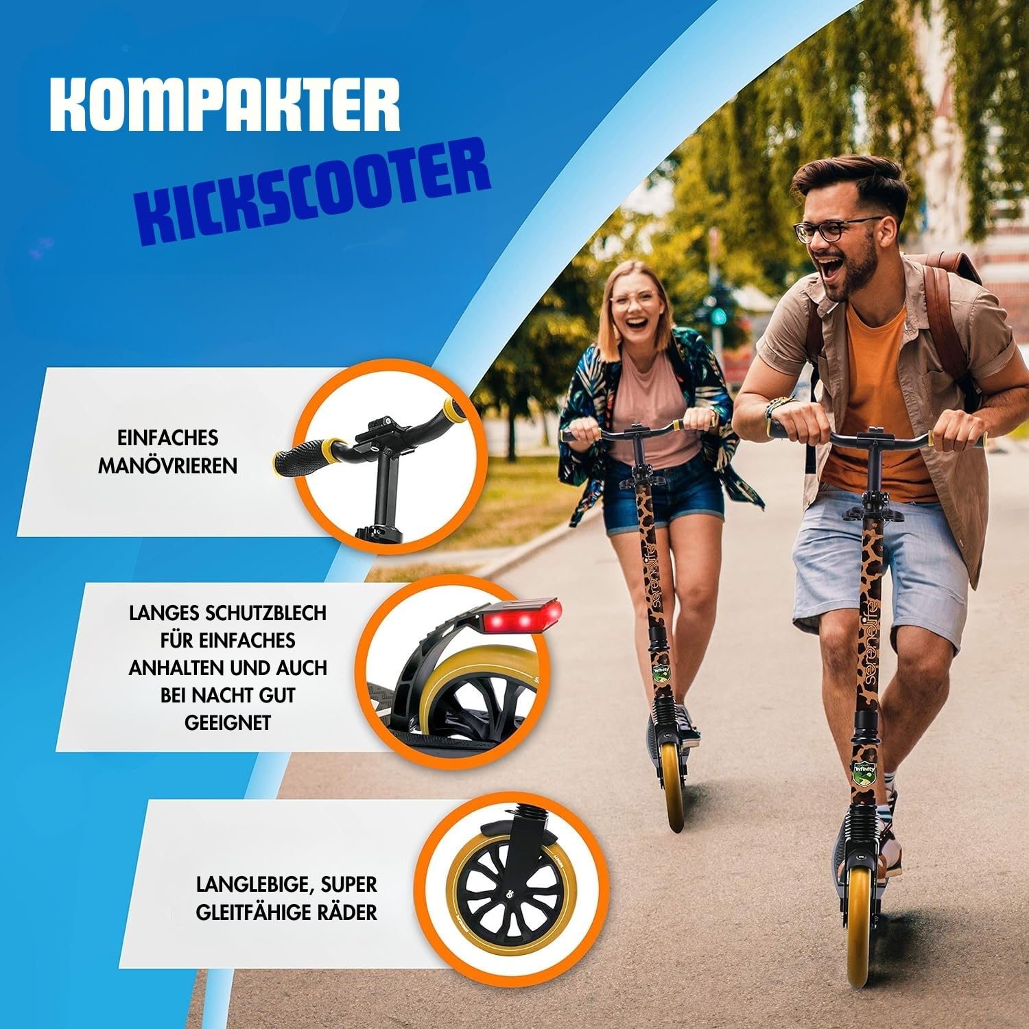 SereneLife Roller, Stabiler Cityroller, Höhenverstellbarer Big Wheel Scooter, Klappbar Inkl. Tragegurt, Ständer & Trittbremse, für Kinder & Erwachsene bis 100kg