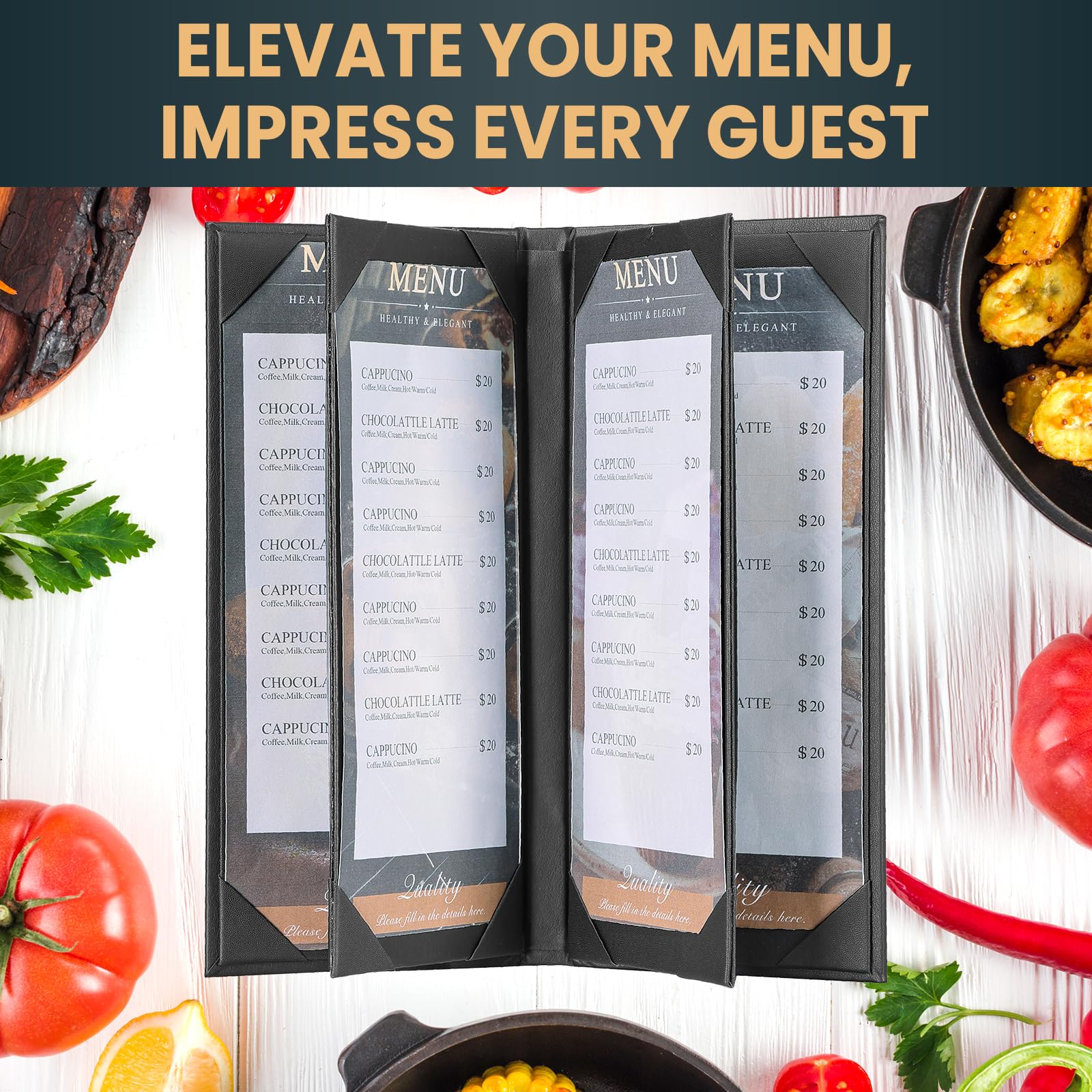 Fundas para menús de 4.25 x 11 pulgadas, paquete de 10 fundas de cuero negro para menú, estilo libro, para restaurante, cafetería, bar, lista de vinos (6 vistas, 10 unidades)
