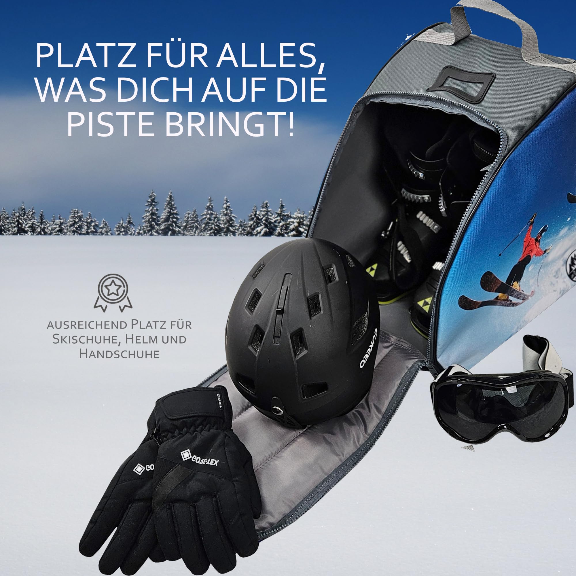 BambiniWelt by Rafael K. Kinder Skistiefeltasche [Ski-Schuh-Tasche für Kinder] Skiboots Rucksack integrierte Standfläche Platz für Boots Helm Skibrille Handschuhe Kinder-Skischuhrucksack