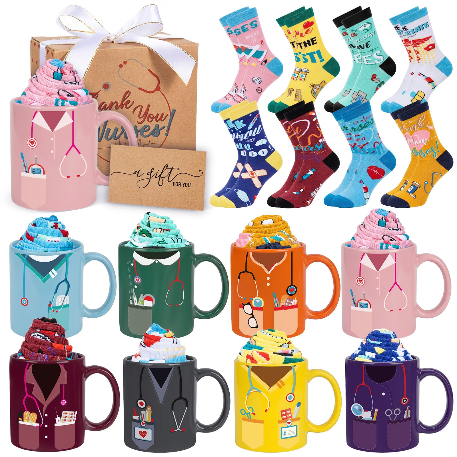 Hushee 8 Set Nurse Graduation Gifts Bulk, 12 oz Coffee Mugs with Gift Box Nurse Socks Cards Motivational Stethoscope Sign Cup for Class of 2026 Nursing Student Assistant Practitioner Week(Bright)