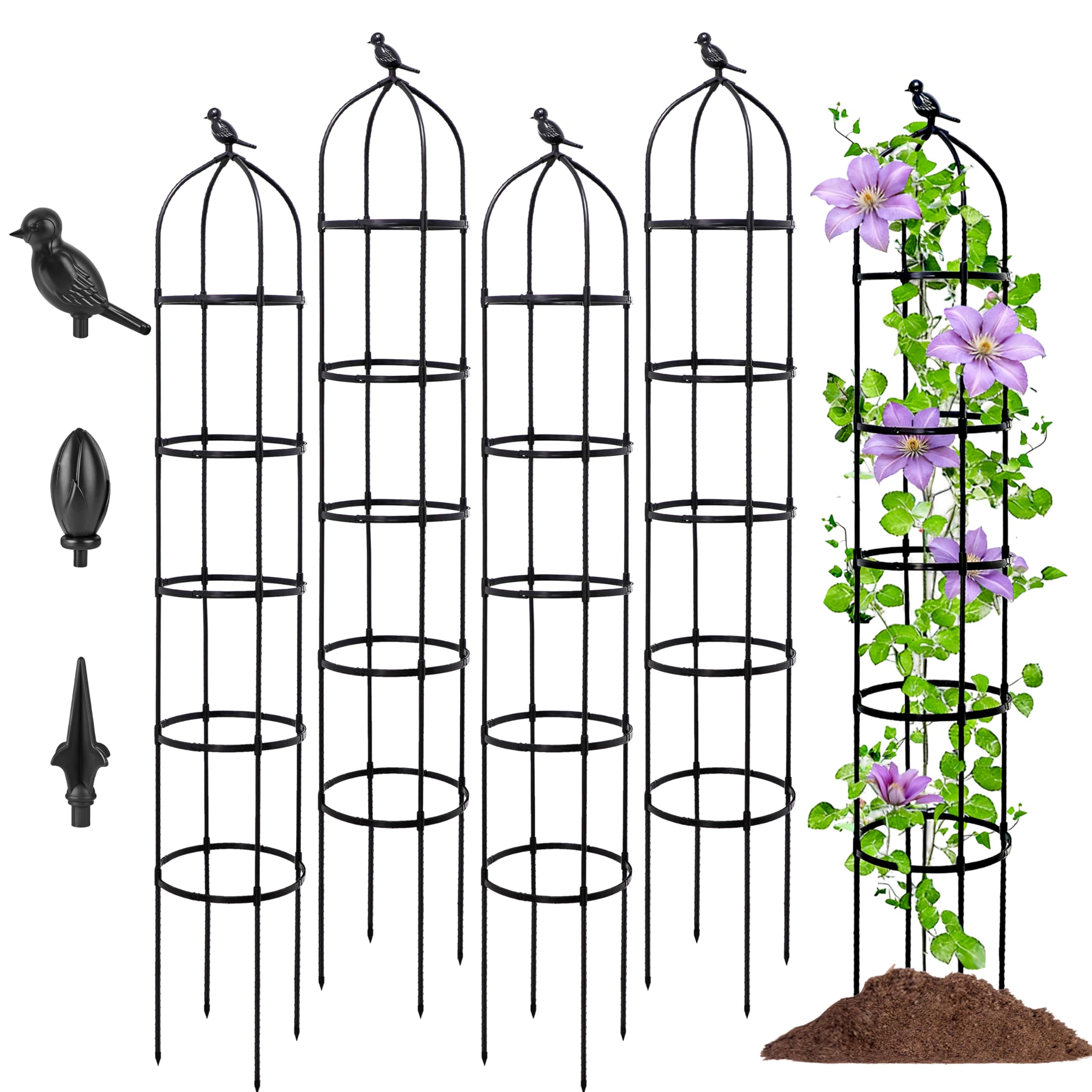 4 Pack 205cm Garden Obelisk Trellis for Climbing Plants, Weatherproof Plastic-Coated Steel Plant Support with 3 Finials,Adjustable Height Tower for Indoor Outdoor Roses,Sweet Pea,Clematis,Vines,Black
