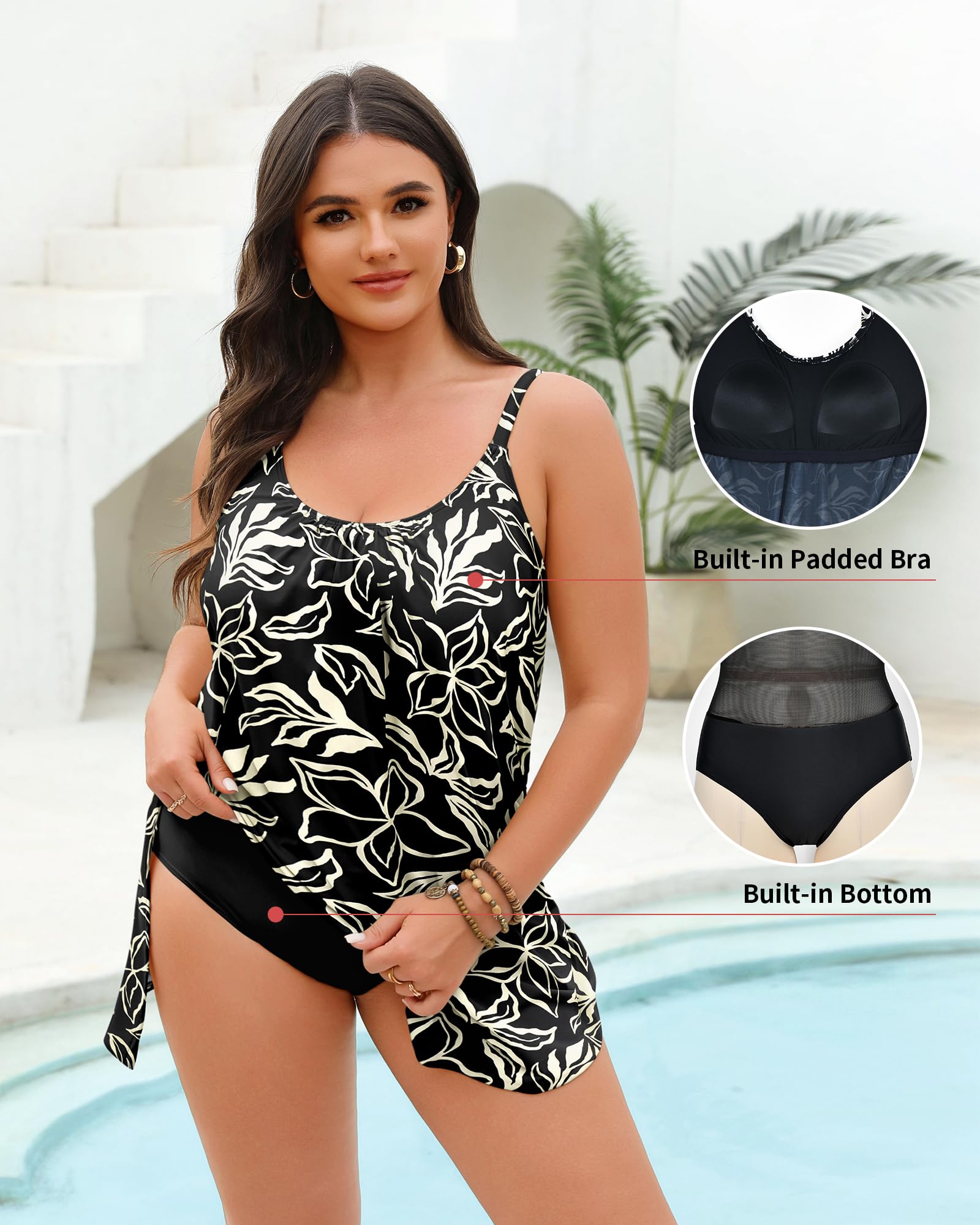 Maillot de Bain Une pièce pour Femme, Maillot de Bain à Jupe Amincissant, Robe de Bain à Cordons sur Les côtés avec Short intégré