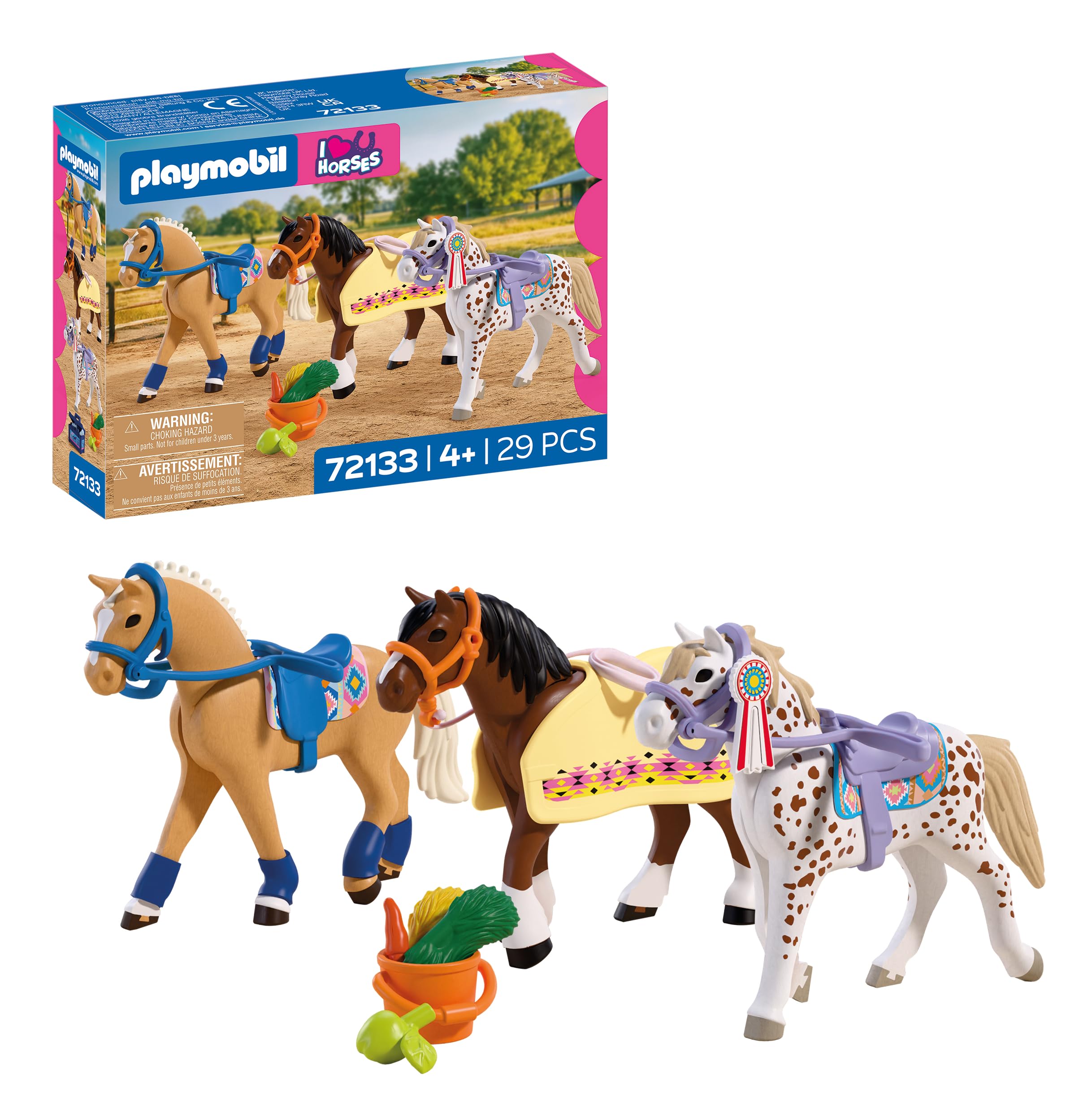 Playmobil | I Love Horses | Three Collectible Horses | Horse set with blankets, saddles, feed and grooming accessories | For children aged 4 and up | 72133