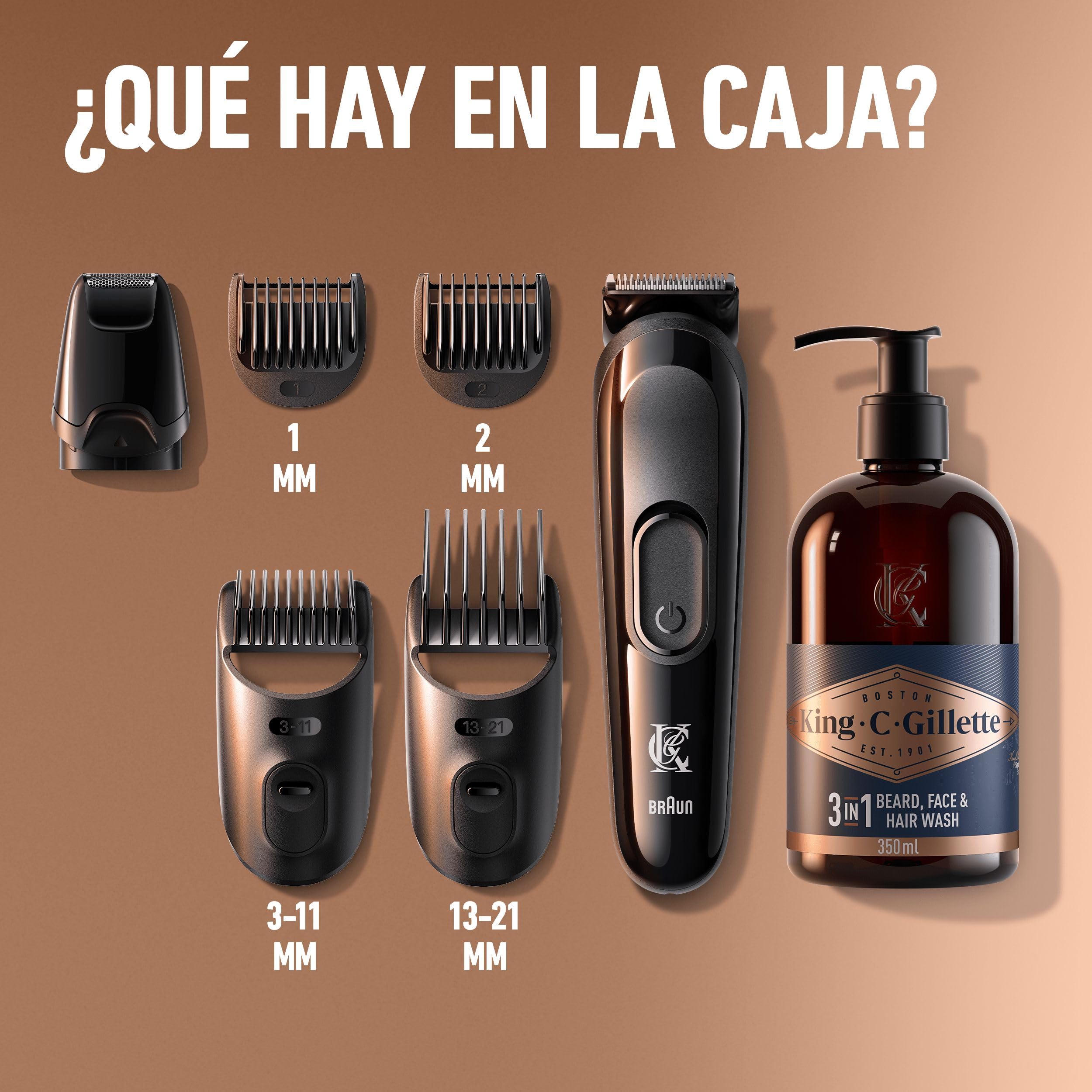 King C. Gillette Recortadora Para Hombre, Kit De Regalo, Máquinilla de afeitar, Recortadora De Barba Eléctrica Y Gel Limpiador 3 En 1 Para Barba, Rostro Y Pelo, 350 ml