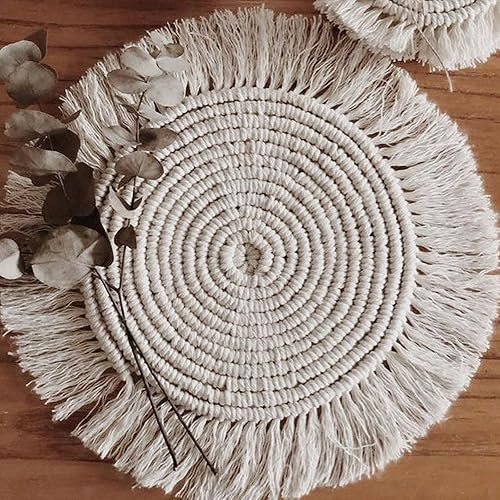 Miniatura 2 de 2 manteles individuales de macramé hechos a mano de algodón tejido bohemio con borlas, manteles individuales redondos trenzados para escritorio,