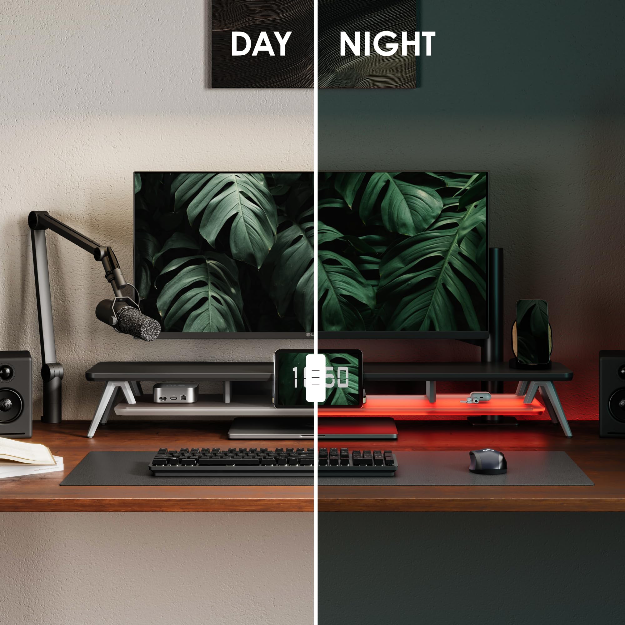 Fenge Supporto Monitor Scrivania, con Luci LED, Ripiano in Acrilico, 2 Livelli, Supporto per Telefono/Tablet/Penne, Carico 45KG (Nero)