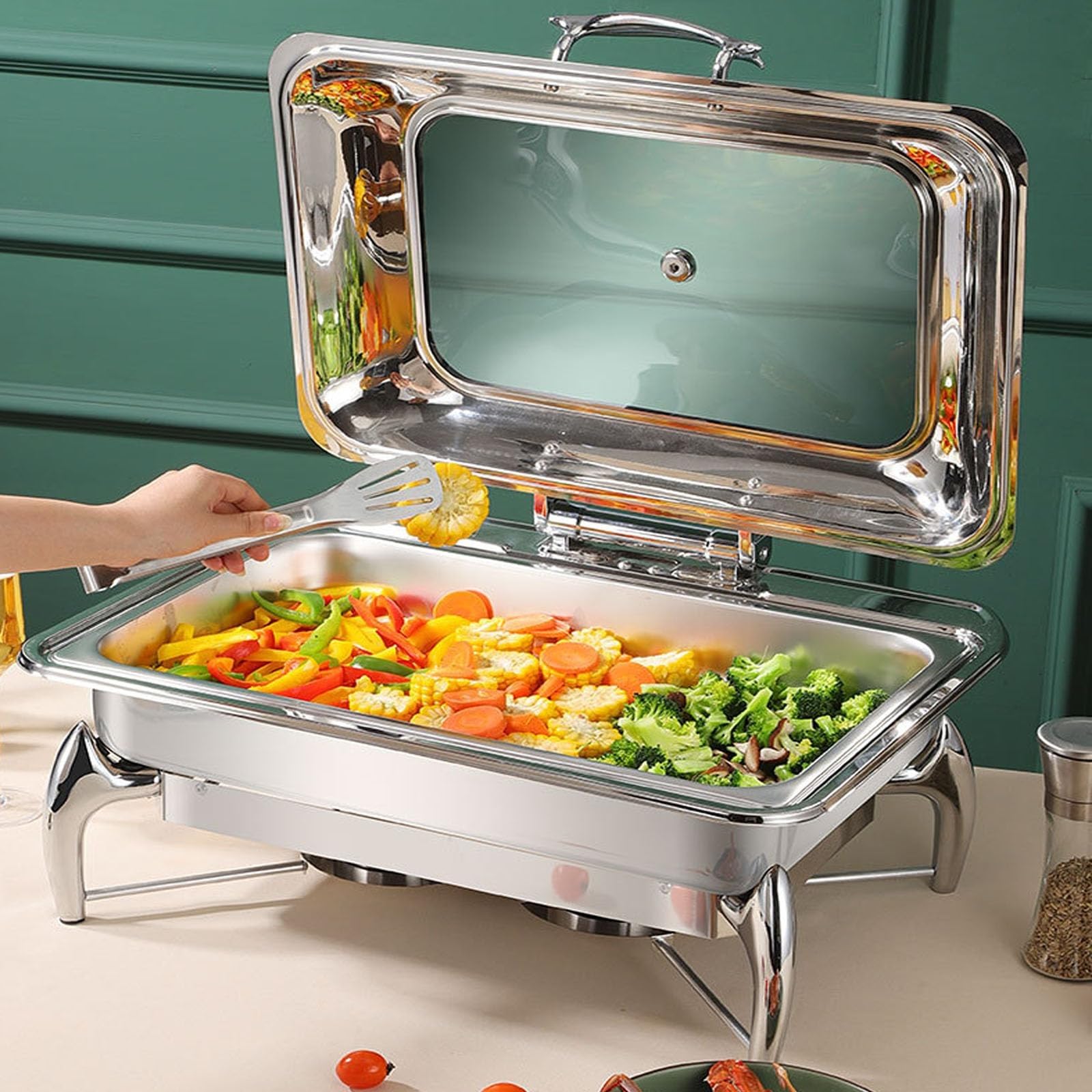 X&Z-XAOY Calientaplatos Redondo De Acero Inoxidable 9L Kit Calientaplatos Buffet con Tapas Y Bandejas Chafing Dishes Buffet Servidor para Restaurante Catering Fiestas Picnics(Rectangle)