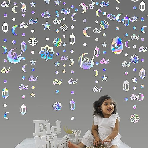 Miniatura 5 de Decoración iridiscente de Ramadán Eid Mubarak, estrella, luna, círculo, luna, farol árabe, guirnalda colgante, telón de fondo para Islam, musulmán,