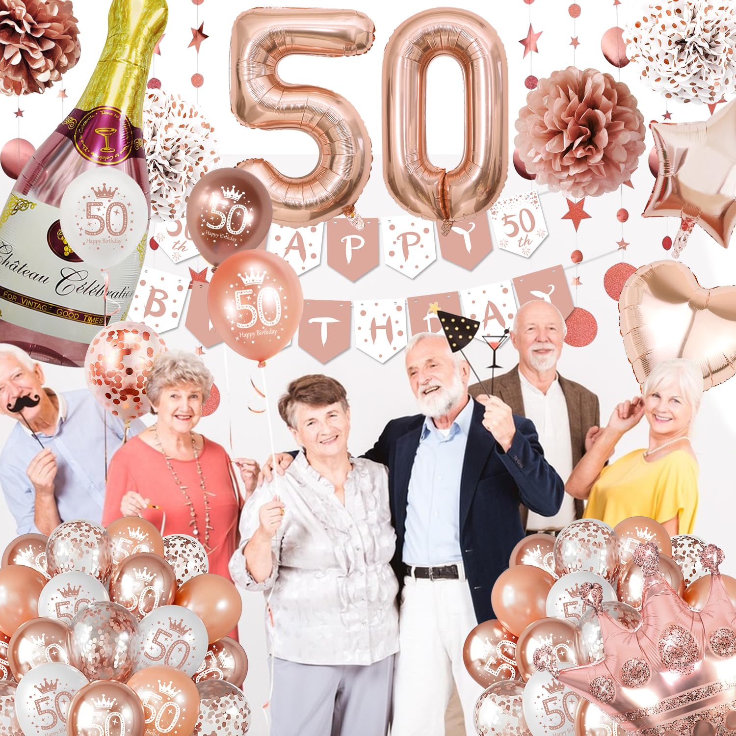 Unisun Palloncini 50° Compleanno, Decorazioni Compleanno 50 Anni per Donne, Happy Birthday Oro Rosa 50 Anniversario Decorazione per Forniture per Feste di Compleanno