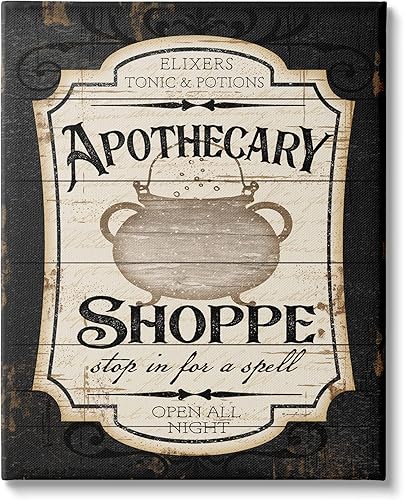 Stupell Industries Apothecary Shoppe - Caldero de poción de bruja con letrero espeluznante de Halloween, diseñado por Jennifer Pugh, lienzo para