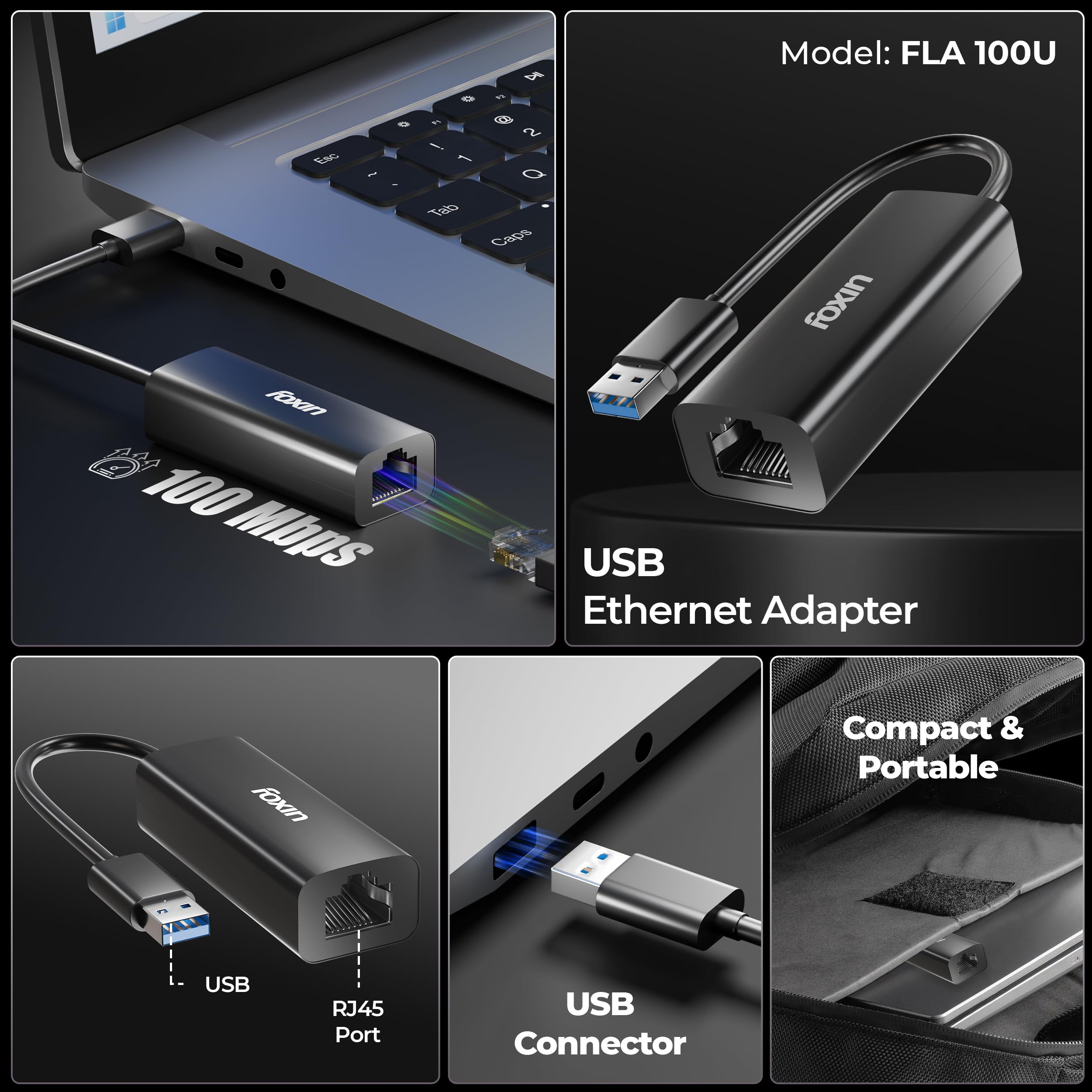 Foxin USB to LAN Ethernet Adapter, 100 Mbps Network LAN Speed, RJ45 LAN Port, 9 cm Cable, for Windows/Mac/Linux, Compatible with Laptop, Desktop, Gaming Console | FLA 100U (Black) — Amazon image 2