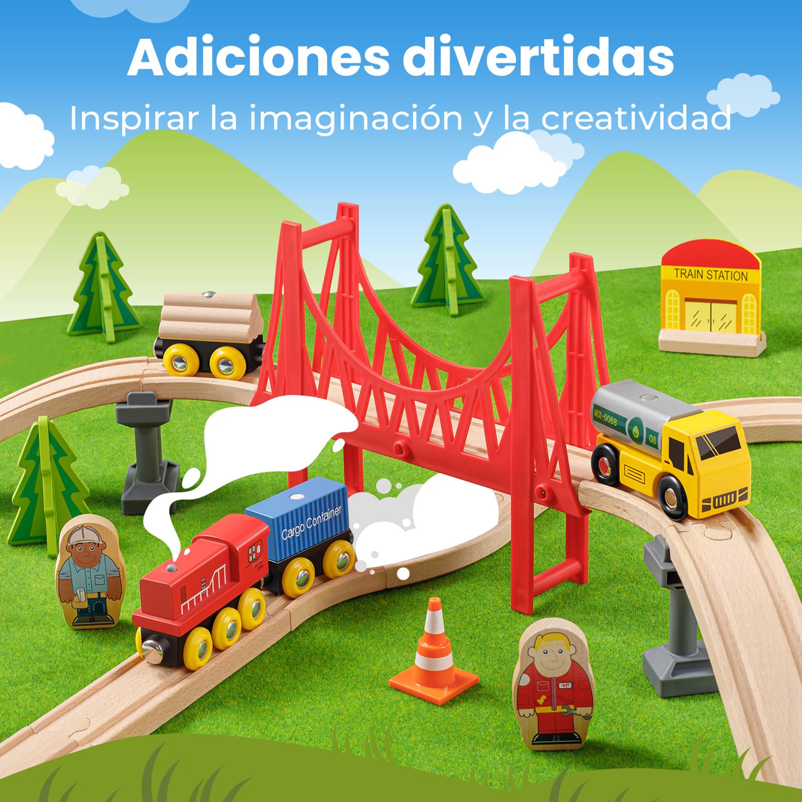 Tiny Land Juego de Trenes de Grúa, 55 Piezas, Pistas de Madera y Grúa Exclusiva y Trenes, Compatible con Otras Marcas líderes, Kit de Ferrocarril de Juguete Empaquetado de Regalo