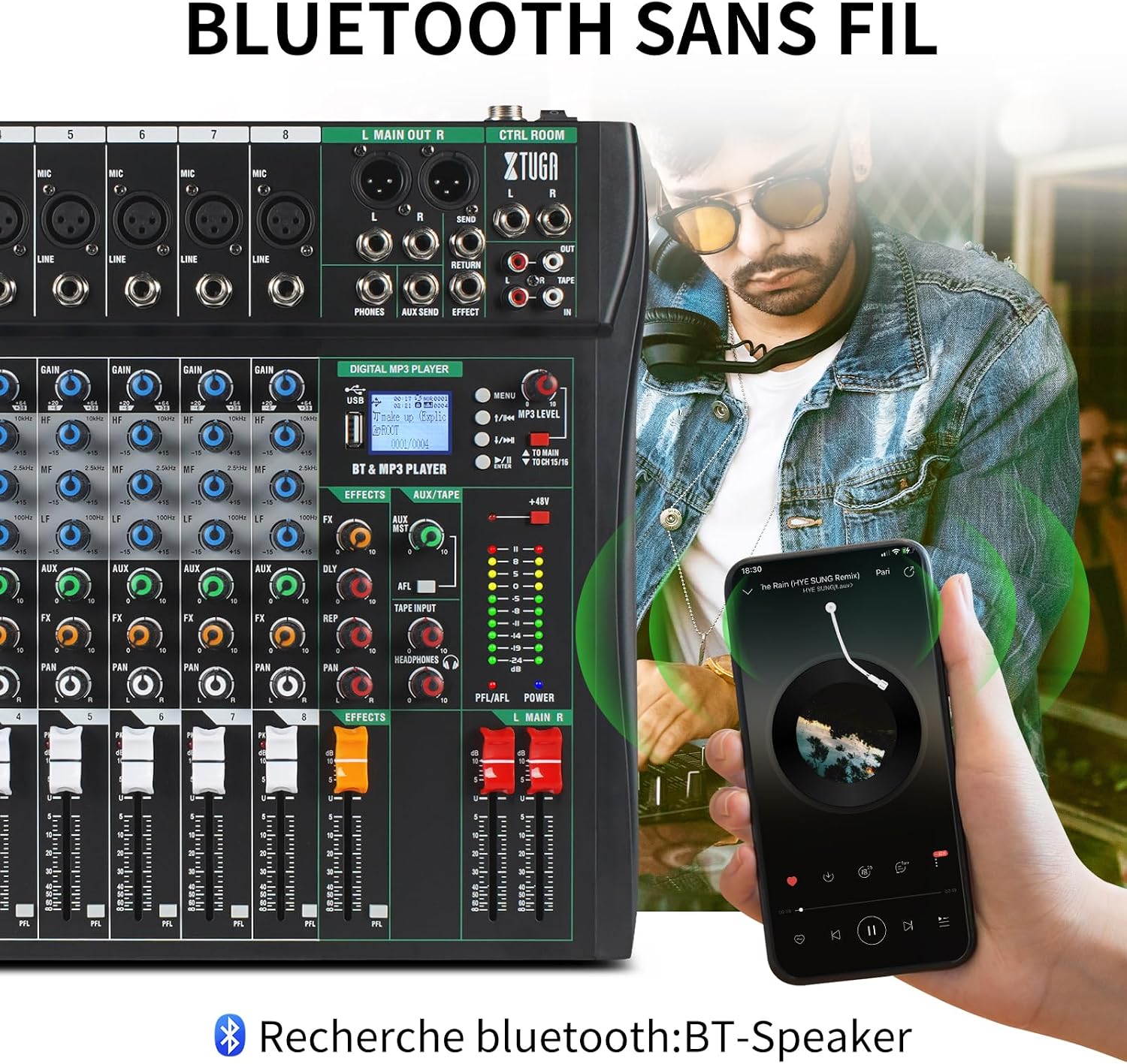 XTUGA CT80-First mixer with a smartphone connected via Bluetooth, displaying music playback.