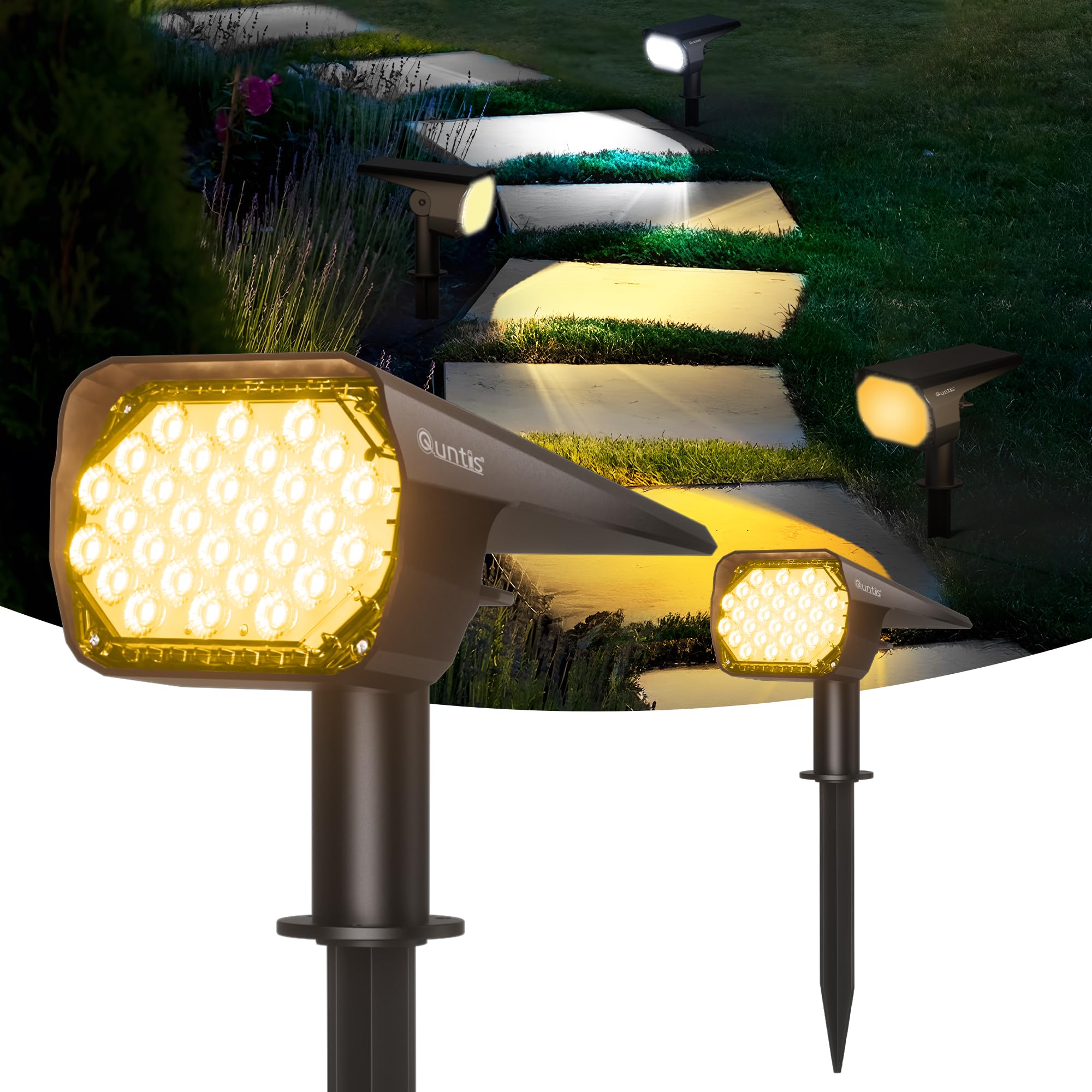 Quntis Zestaw 2 zewnętrznych lamp solarnych, 3 kolory i 6 trybów Zewnętrzny reflektor słoneczny IP65 Wodoodporny, kabel USB C do ładowania Zewnętrzne światło słoneczne do dekoracji ogrodu Ścieżka