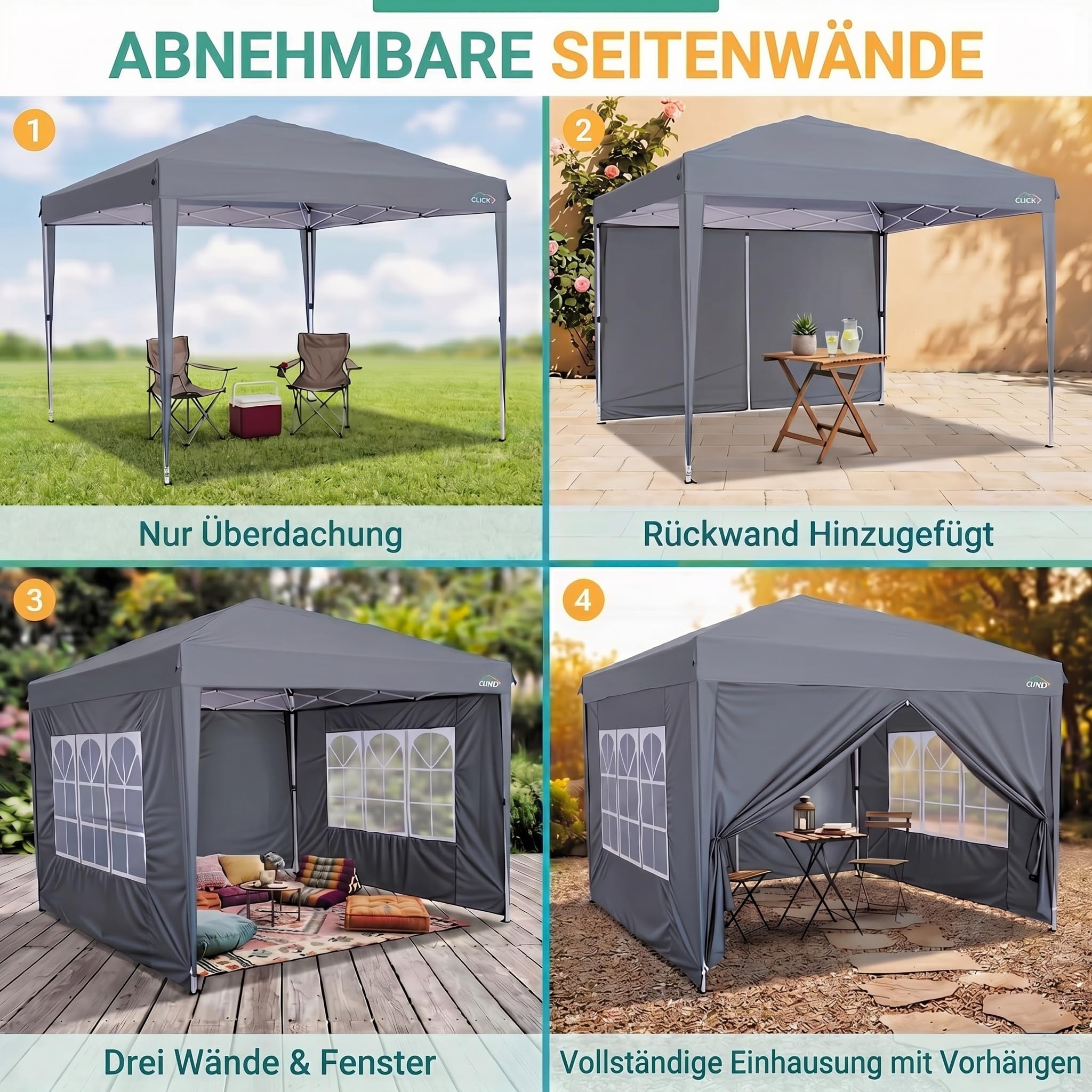 COBIZI Faltpavillon 3x3 Wasserdicht Stabil Winterfest mit Seitenwänden, Outdoor Faltbarer Zelt Pavillon, Faltzelt Pop up Pavillion, UPF 50+ UV-Schutz Festzelt mit Tragetasche für Garten Party, Grau
