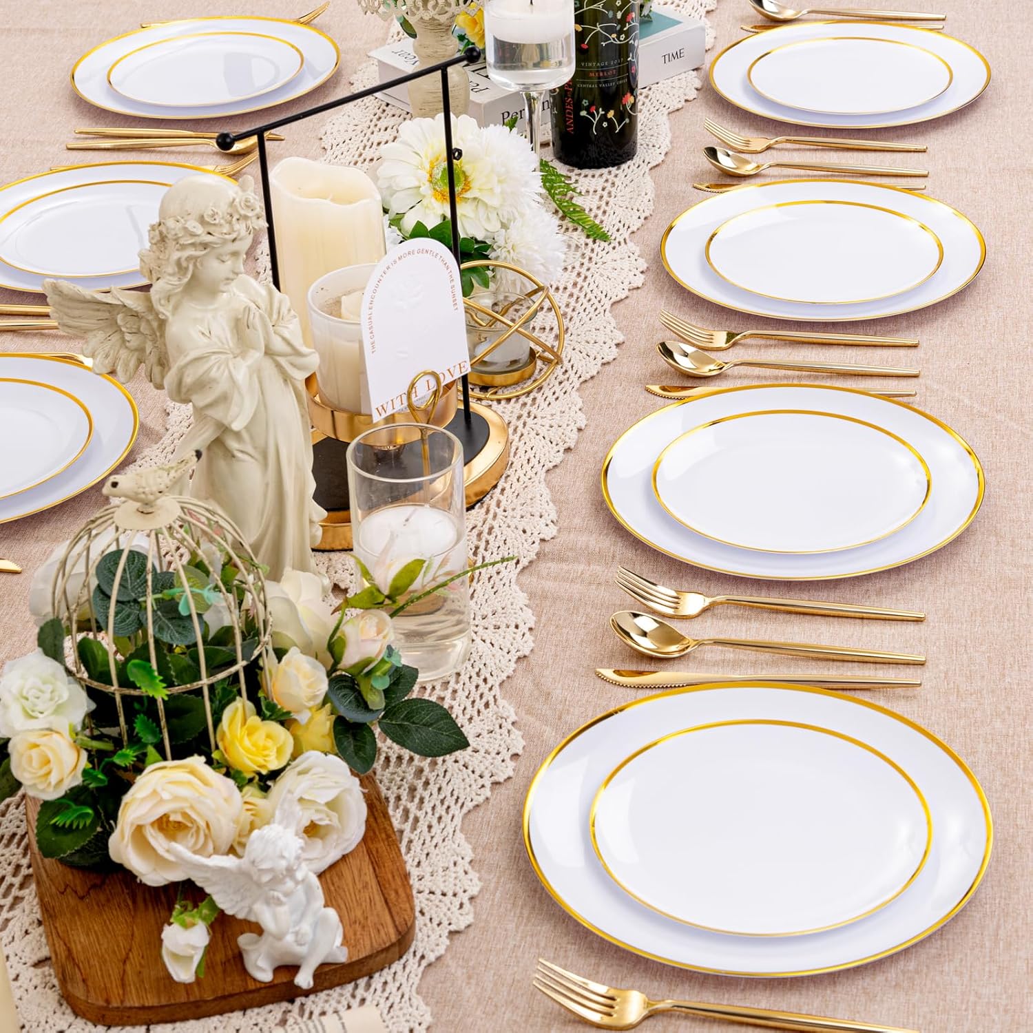 LIYH 60 Pcs Gold Plastic Plates Disposable - White Plastic Plates for Party/Weddings Include 30 White Gold Rim Dinner Plate 10.25" & 30 Dessert Plate 7.5 "