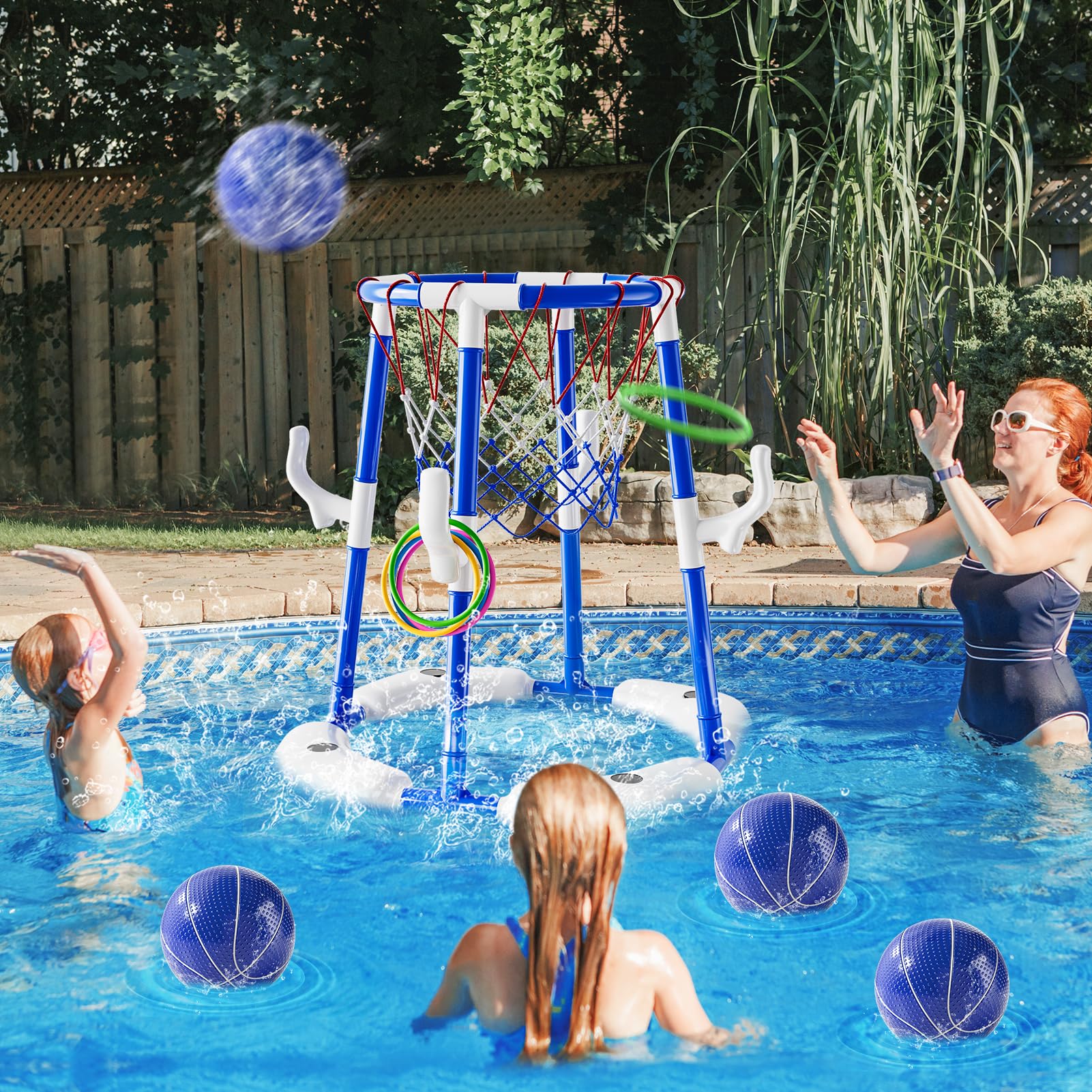 2-in-1 Pool-Basketball-Set mit 4 Bällen, 12 Ringen und Pumpe, Sommer Wasser im Freien, für Pool-Party, Spielzeugspiele für Kinder von 4 bis 8 bis 8 Jahren