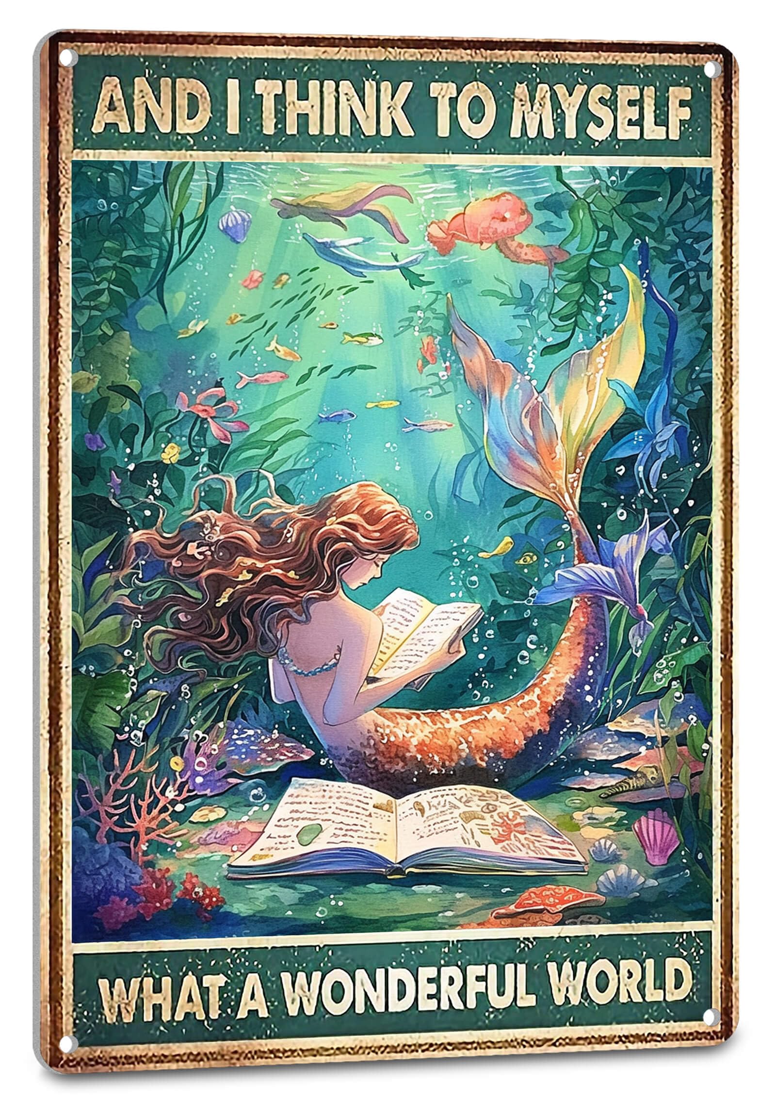 NEGLAI Mermaid Decor Poster Inspirational Wall Art for Teen Girls Bedroom Decor Aesthetic - What A Wonderful World, Tin Signs for Women 8X12 Inches