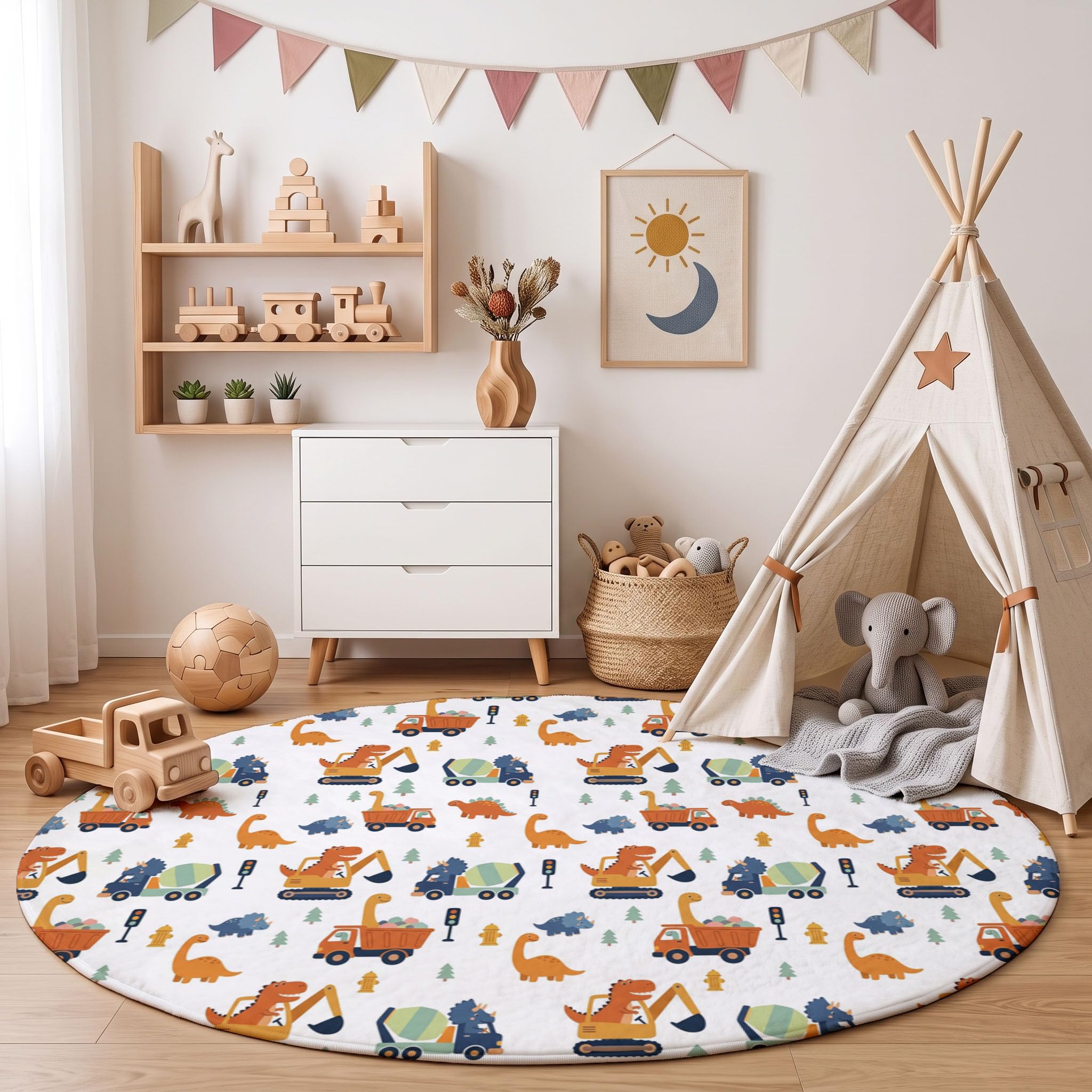 Tappeto per Bambini Stile cartone animato Gioco Rotondo 180cm | Tappeto Salotto, Morbido Veicolo costruzionenosauro Tappetini Antiscivolo Tappetos per Cameretta CucinaColore arancione